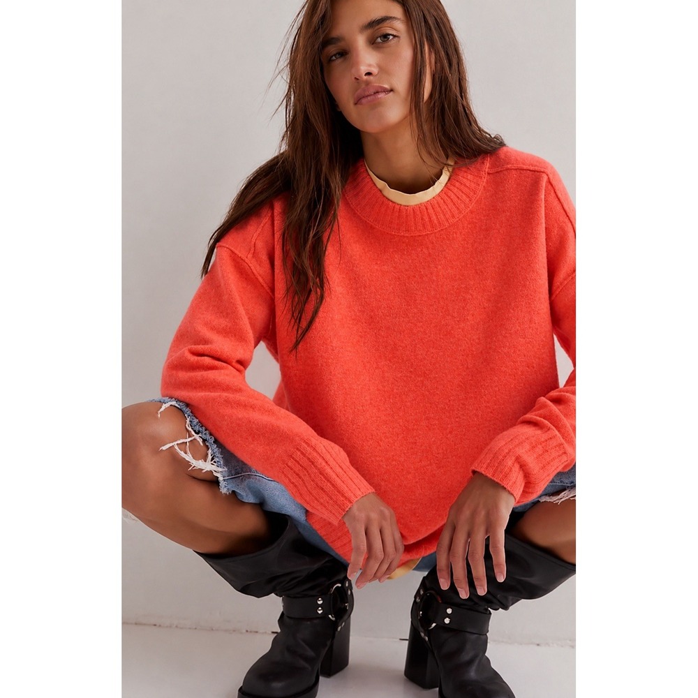 Free People Phoebe Pullover Oversized Orange Knit Sweater Chunky Soft XS $168